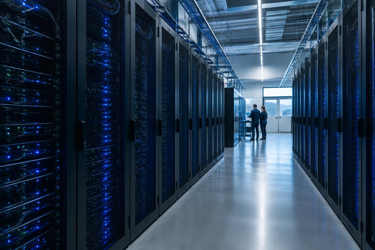 Rows of computing equipment inside a data centre