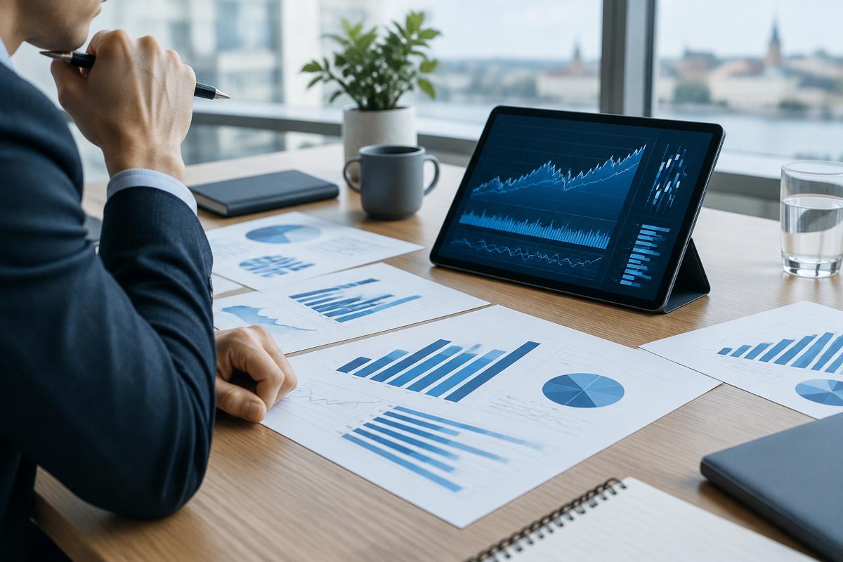 Analyst examining printed credit charts at a desk