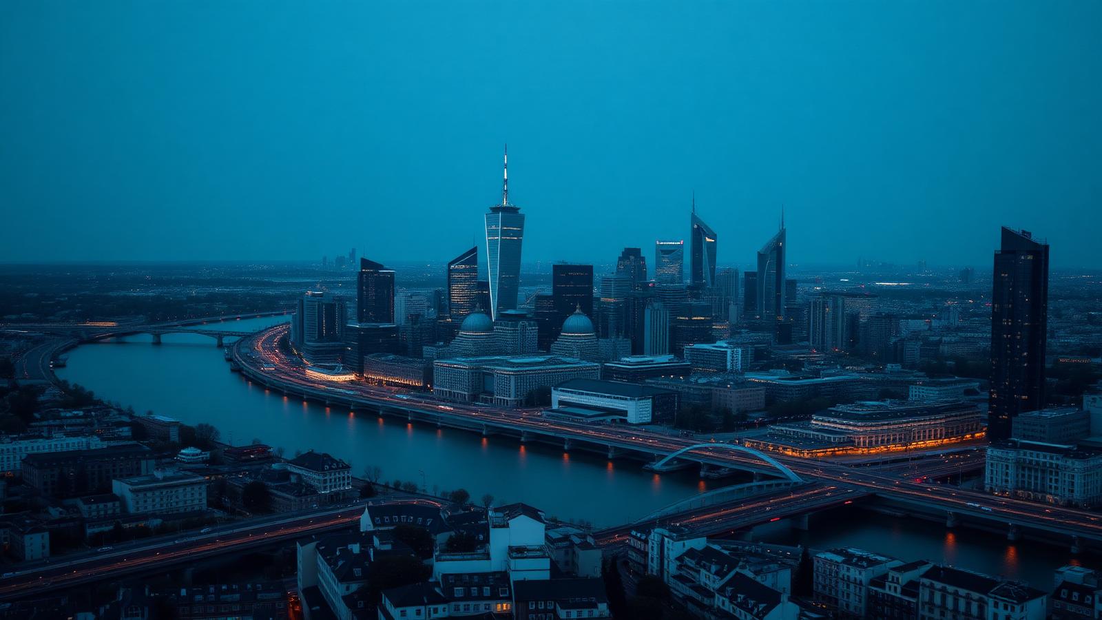 European financial district skyline at blue hour